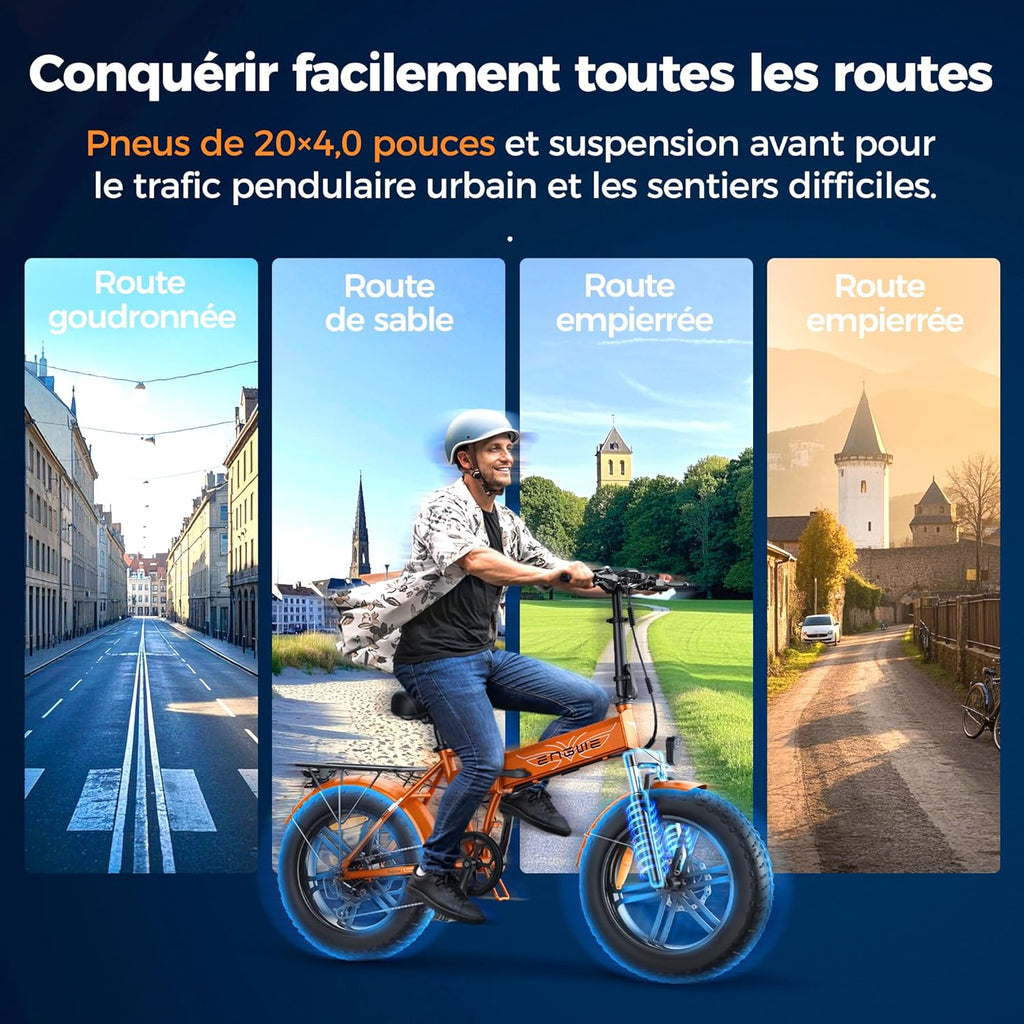 ENGWE Vélo Électrique Pliable, Batterie 48V 13Ah Amovible, Autonomie de 50-120 km，20'' ×4.0'' Fat Tire 7-Speed E-Bike for Any Terrain