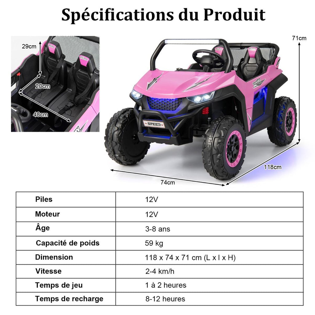 Voiture lectrique Enfant 12 V Tlcommande pour 3-8 Ans 2 Vitesses Ressort de Suspension Charge 59KG 118x74x71CM Noir/Rose/Rouge -