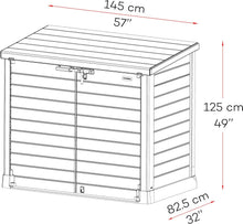 Load image into Gallery viewer, Duramax StoreAway 1200L Plastic Garden Shed/ Flat Lid,Outdoor Storage Shed,Wheelie Bin Hideaways,Wheelie bin box,Durable Construction,Ideal for Bikes,BBQs &amp; 2x 240L Bins,145x85x125 cm,Brown