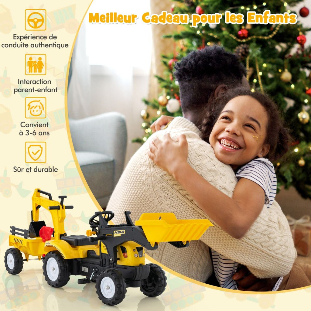 3 en 1 Tracteur pour Enfant avec 6 Roues Jouet Pelle Remorque Amovible avec Volant Klaxon 3  6 Ans Jaune/Vert -