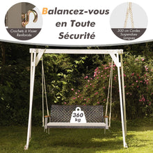 Load image into Gallery viewer, Banc Suspendu de Jardin en Rotin 2 Place Accoudoirs en Bois d'Acacia Cadre en Mtal Coussin Cordes Crochets Blanc/Noir -