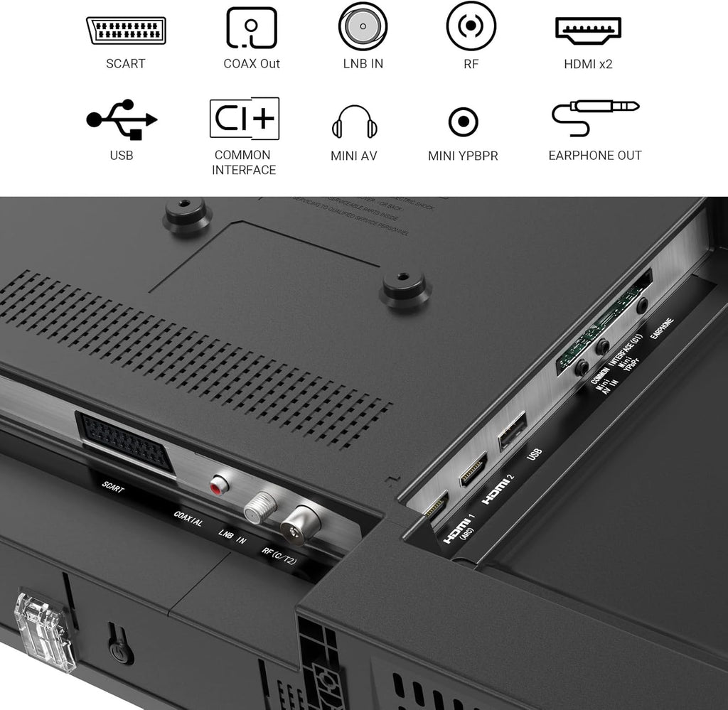 TuTu Téléviseurs 32 Pouces (80 cm) LED Central Pied TV HD Ready Triple Tuner (DVB-C / T2 / S2) HDMI x2 CI+ Lecteur multimédia USB 2.0 Mode hôtel Dolby Audio 2024