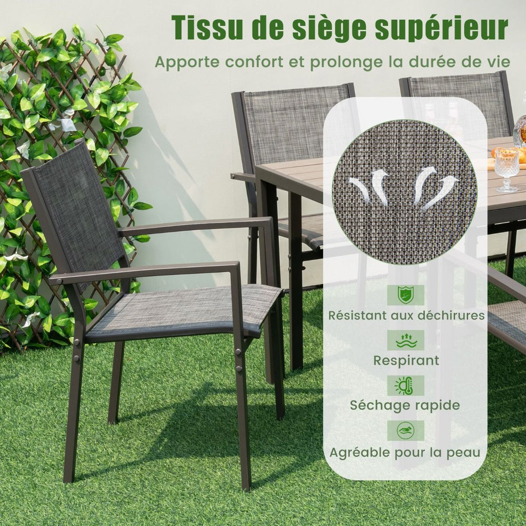Ensemble de Meubles de Patio 7 Pices pour 6 Personnes Salon de Jardin avec 6 Chaises Empilables et Table Rectangulaire Gris -