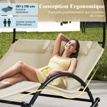 Load image into Gallery viewer, Chaise Longue Double Chaise  Bascule pour 2 Personnes 2 Appui-T锚tes Amovibles Cadre en Mtal Robuste Lit de Repos Ergonomique 2 Places Gris/Noir/Beige -