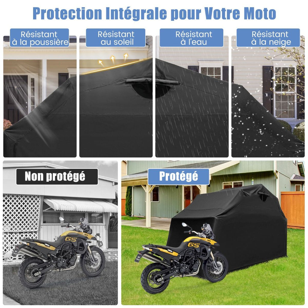 Abri de Moto Extérieur Tente Moto avec Housse en Tissu Oxford Fenêtres en Maille Enroulables Housse Moto Exterieur Étanche pour Moto Vélos Outils Noir -