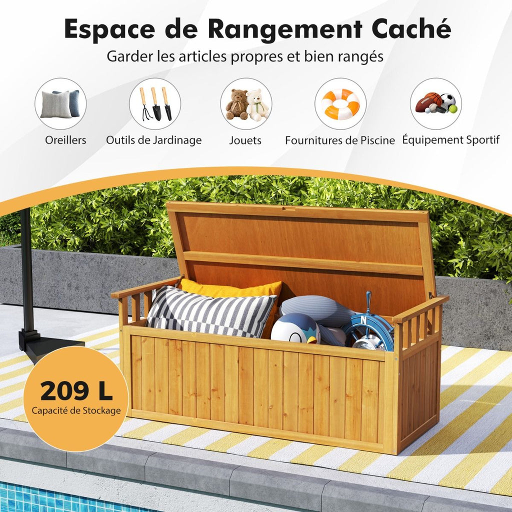 Banc de Rangement en Bois Banc d'Extrieur  2 Places de 209 L avec Accoudoirs Coffre de Stockage en Bois Charge 100KG Naturel -