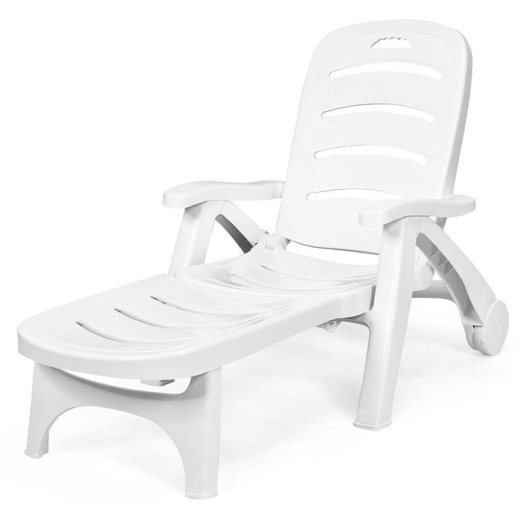 Chaise Longue Pliable Dossier Inclinable  5 Positions avec Roues Intgres pour Terrasse Jardin Piscine 150 kg Gris/Blanc/Bleu -