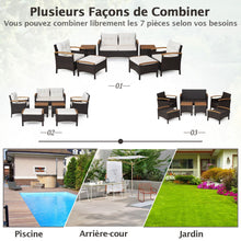 Load image into Gallery viewer, Ensemble de Canaps de Patio en Rotin PE 7 Pices avec Coussins d'Assise et de Dossier 2 Poufs 2 Tables Basses Plateau de Table -