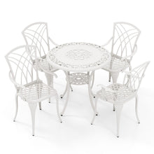 Load image into Gallery viewer, 5 Pcs Salon de Jardin en Fonte d'Aluminium Trou pour Parasol Repose-pieds Réglables Ensemble de Table Ronde et 4 Chaises Blanc -