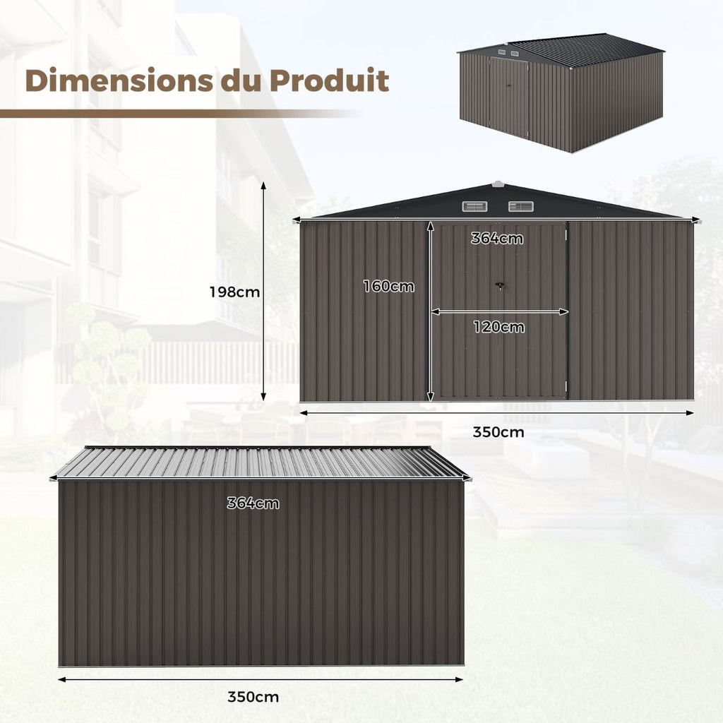 Abri de Stockage Extrieur Grand Hangar  Outils avec Design de Toit Inclin Portes Fermables avec Cls 4 Arations 350x350x198cm Gris -