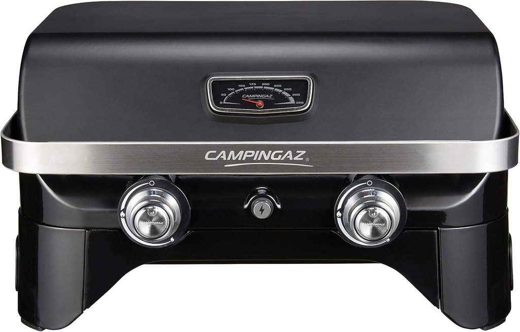 Attitude2go,Barbecue de Table à Faible fumée,BBQ Portable,à Couvercle,thermomètre,et Grille en Fonte,Alimentation : Cartouche de gaz CV 470 Plus,Gris