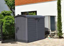 Load image into Gallery viewer, Duramax StoreAway 1200L Plastic Garden Shed/ Flat Lid,Outdoor Storage Shed,Wheelie Bin Hideaways,Wheelie bin box,Durable Construction,Ideal for Bikes,BBQs &amp; 2x 240L Bins,145x85x125 cm,Brown