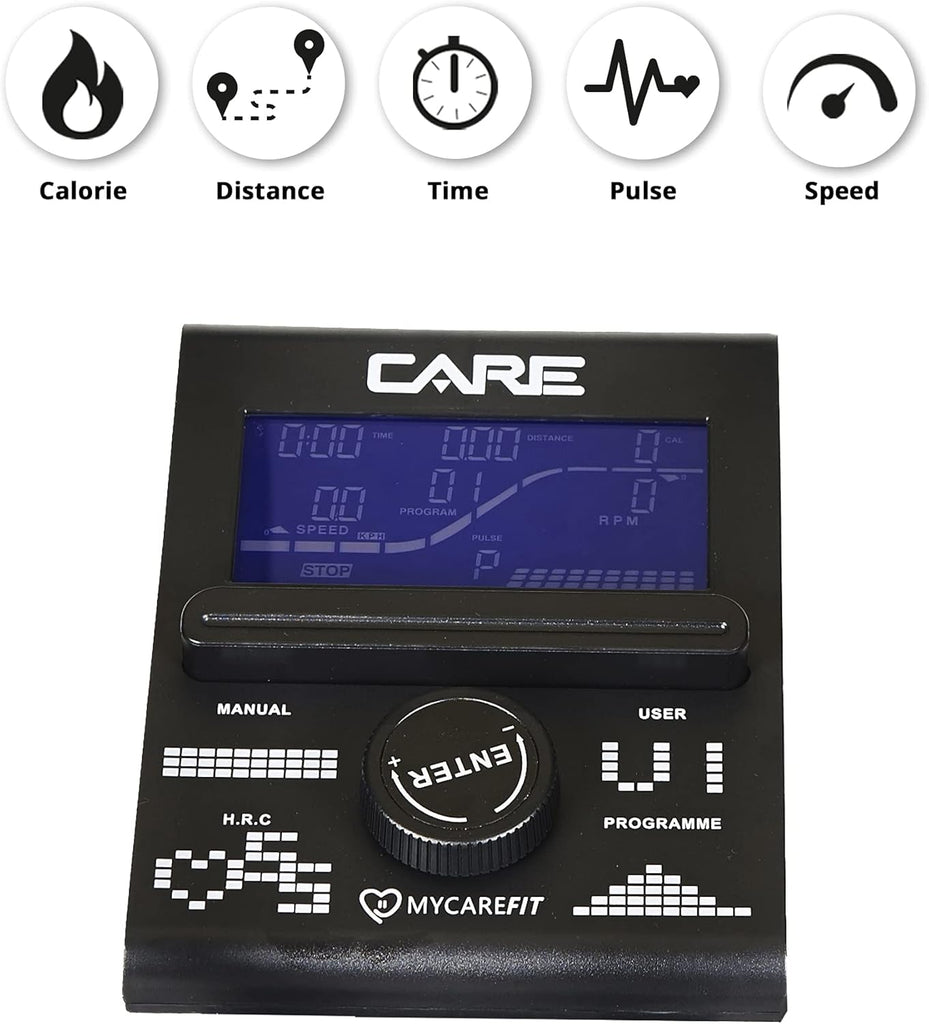 Care Fitness - Vélo Elliptique Motorisé CE-685-24 Niveaux de Difficulté - 24 Programmes - Compteur Écran LCD - Port USB - Porte Tablette - Compatible Application Kinomap