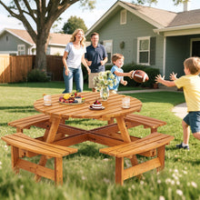 Load image into Gallery viewer, Ensemble Table de Pique-Nique en Bois pour 2 à 8 Personnes Set Table et Banc Circulaire avec 4 Bancs Intégrés Trou de Parasol de 5cm Marron/Jaune -