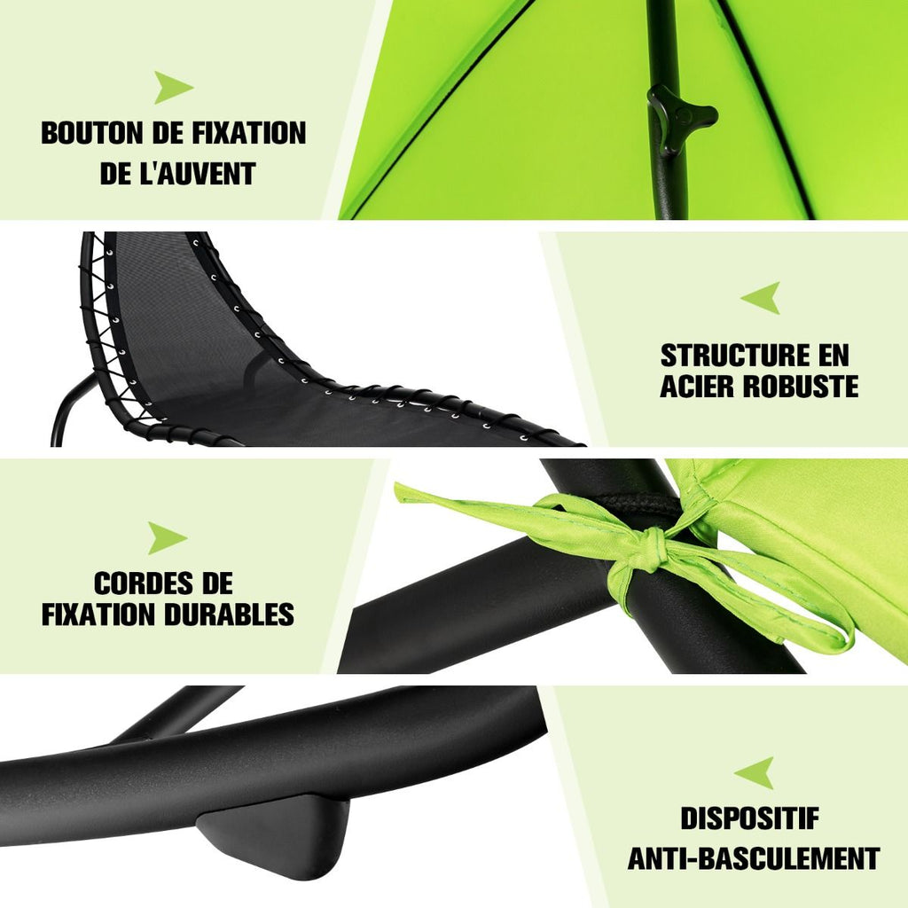 Bain de Soleil  Bascule Transat Suspendu avec Pare-Soleil & Coussin Hamac Charge 150KG 184 cm x 147 cm x 187 cm Vert -