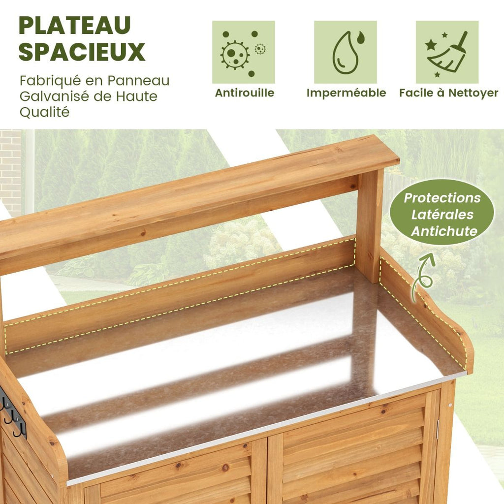 Banc d'Empotage d'Extérieur Table de Jardinage avec Comptoir en Métal Galvanisé 3 Crochets de Suspension Etagères Amovibles Naturel -