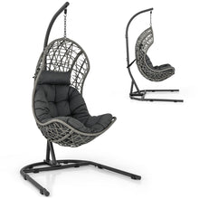Load image into Gallery viewer, Chaise Oeuf en Rotin PE avec Support avec Oreiller et Coussin Chaise Suspendue avec Accessoires de Suspension Capacit 160 Kg Gris -
