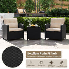 Load image into Gallery viewer, Ensemble de Meubles 3 Pièces de Patio en Rotin Charge 180KG Salon de Jardin 2 Fauteuils Table Basse avec Plateau Noir/Beige/Blanc -
