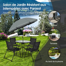 Load image into Gallery viewer, Ensemble Salon de Jardin 6 Pcs 4 Chaises Pliantes Table Basse en Verre et Parasol pour Terrasse Piscine Cour Noir -