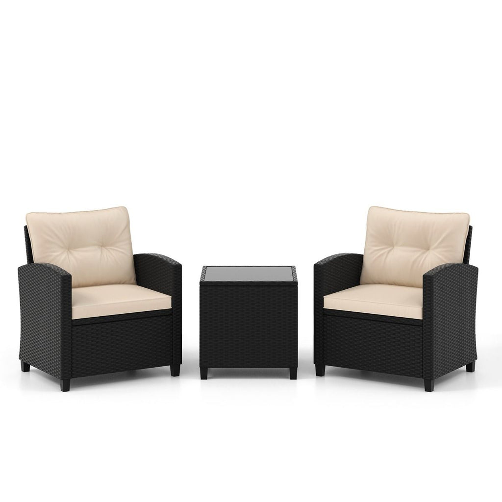 Ensemble de Meubles 3 Pièces de Patio en Rotin Charge 180KG Salon de Jardin 2 Fauteuils Table Basse avec Plateau Noir/Beige/Blanc -