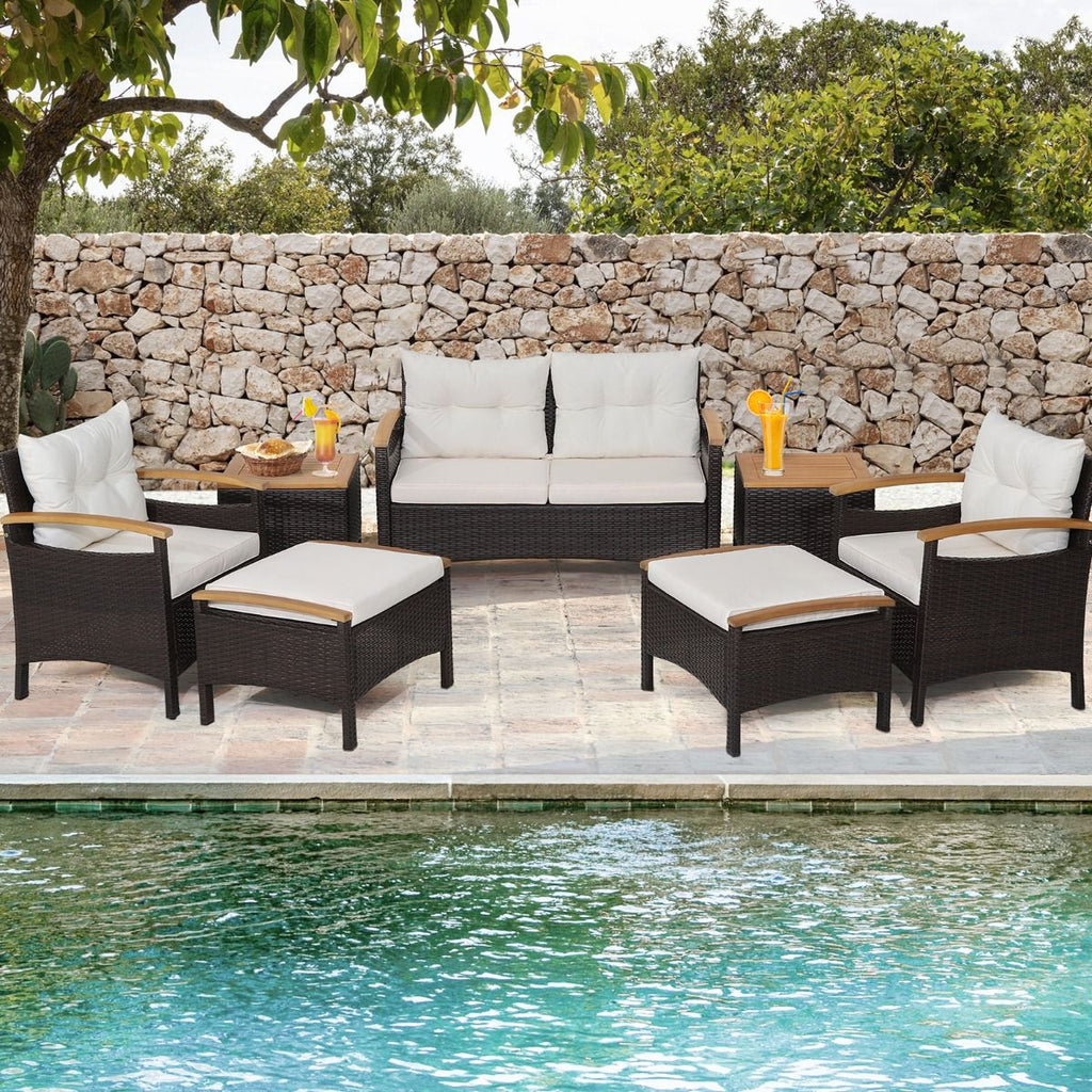 Ensemble de Canapés de Patio en Rotin PE 7 Pièces avec Coussins d'Assise et de Dossier 2 Poufs 2 Tables Basses Plateau de Table -