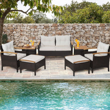 Load image into Gallery viewer, Ensemble de Canapés de Patio en Rotin PE 7 Pièces avec Coussins d'Assise et de Dossier 2 Poufs 2 Tables Basses Plateau de Table -