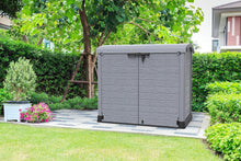Load image into Gallery viewer, Duramax StoreAway 1200L Plastic Garden Shed/ Flat Lid,Outdoor Storage Shed,Wheelie Bin Hideaways,Wheelie bin box,Durable Construction,Ideal for Bikes,BBQs &amp; 2x 240L Bins,145x85x125 cm,Brown