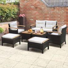 Load image into Gallery viewer, Ensemble de Canaps de Patio en Rotin PE 7 Pices avec Coussins d'Assise et de Dossier 2 Poufs 2 Tables Basses Plateau de Table -