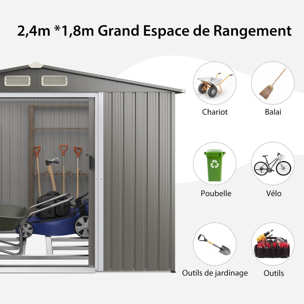Abri de Jardin Mtal Extrieur 9.74m鲁 Acier Galvanis avec Fondation 4 Persiennes Double Porte et Rampe 260 x 207 x 181 cm Gris Fonc/Gris Clair -
