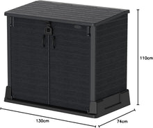 Load image into Gallery viewer, Duramax StoreAway 1200L Plastic Garden Shed/ Flat Lid,Outdoor Storage Shed,Wheelie Bin Hideaways,Wheelie bin box,Durable Construction,Ideal for Bikes,BBQs &amp; 2x 240L Bins,145x85x125 cm,Brown