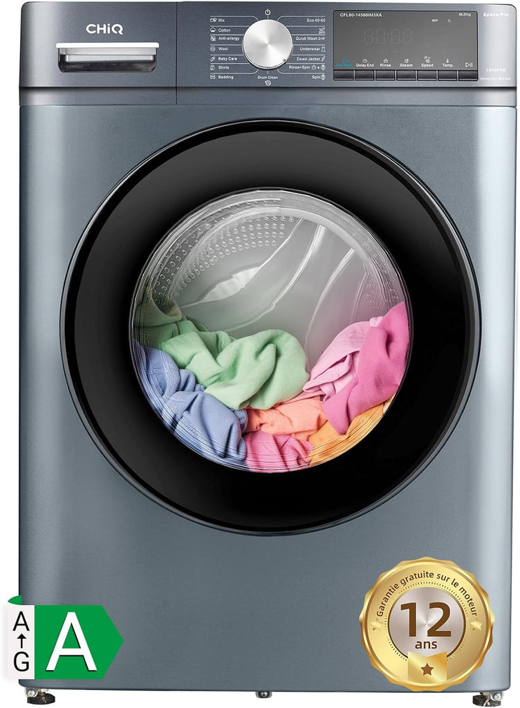 CHiQ Lave-linge CFL80-14586IM3XA, Chargement frontal 8 kg,Space Pro,Moteur Inverter stable, 1400 tr/min, Programme intelligent à IA, Fonction vapeur, Lavage rapide 15 minutes, 15 cycles lavage, Gris