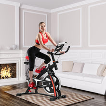 Load image into Gallery viewer, Vélo D’appartement Vélo Silencieux avec Courroie et Roue D’inertie en Fer de 10kg Guidon et Selle Ajustable Noir + Rouge -
