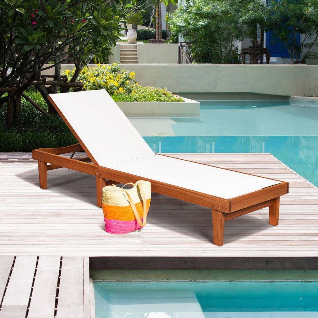 Chaise Longue de Jardin Dossier Inclinable en Bois d'Eucalyptus Tissu Respirant pour Patio Véranda Piscine Charge 180KG -
