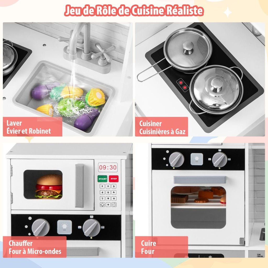 Cuisine de Jeu pour 3 Ans et Plus Jouets de Cuisine en Bois avec Evier Robinet Distributeur d橢au Micro-ondes Four Ustensiles Blanc -