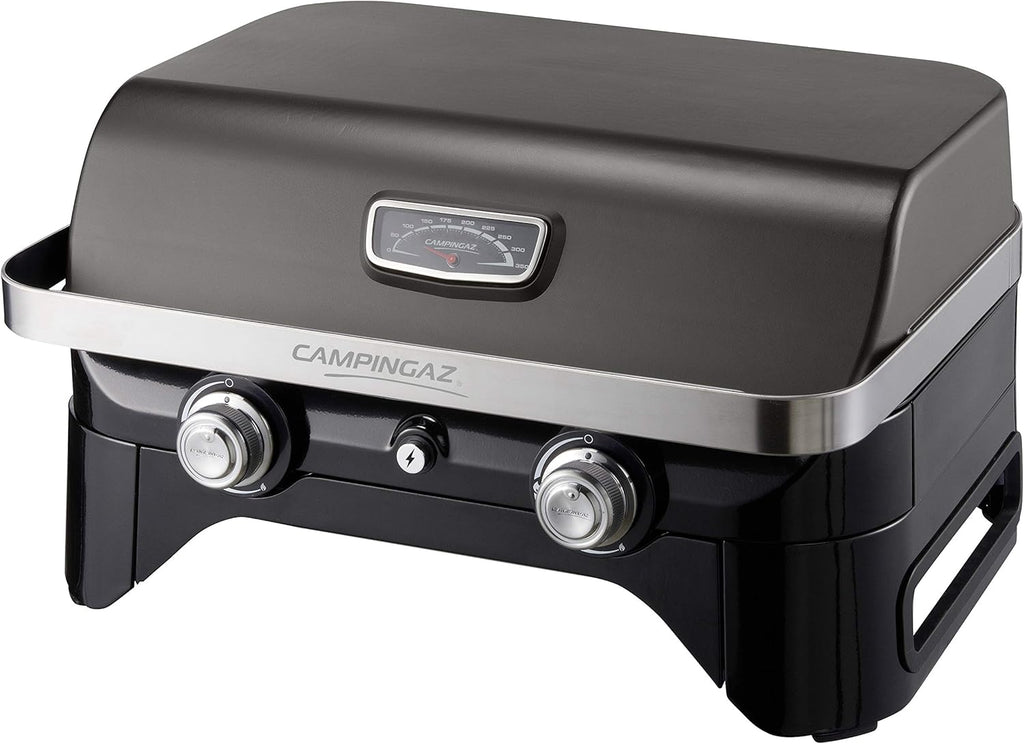 Attitude2go,Barbecue de Table  Faible fume,BBQ Portable, Couvercle,thermomtre,et Grille en Fonte,Alimentation : Cartouche de gaz CV 470 Plus,Gris