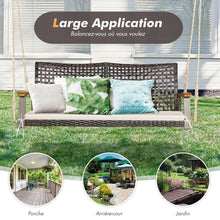 Load image into Gallery viewer, Banc Suspendu de Jardin en Rotin 2 Place Accoudoirs en Bois d'Acacia Cadre en Mtal Coussin Cordes Crochets Blanc/Noir -