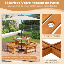 Load image into Gallery viewer, Ensemble Table de Pique-Nique en Bois pour 2  8 Personnes Set Table et Banc Circulaire avec 4 Bancs Intgrs Trou de Parasol de 5cm Marron/Jaune -