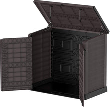 Load image into Gallery viewer, Duramax StoreAway 1200L Plastic Garden Shed/ Flat Lid,Outdoor Storage Shed,Wheelie Bin Hideaways,Wheelie bin box,Durable Construction,Ideal for Bikes,BBQs &amp; 2x 240L Bins,145x85x125 cm,Brown