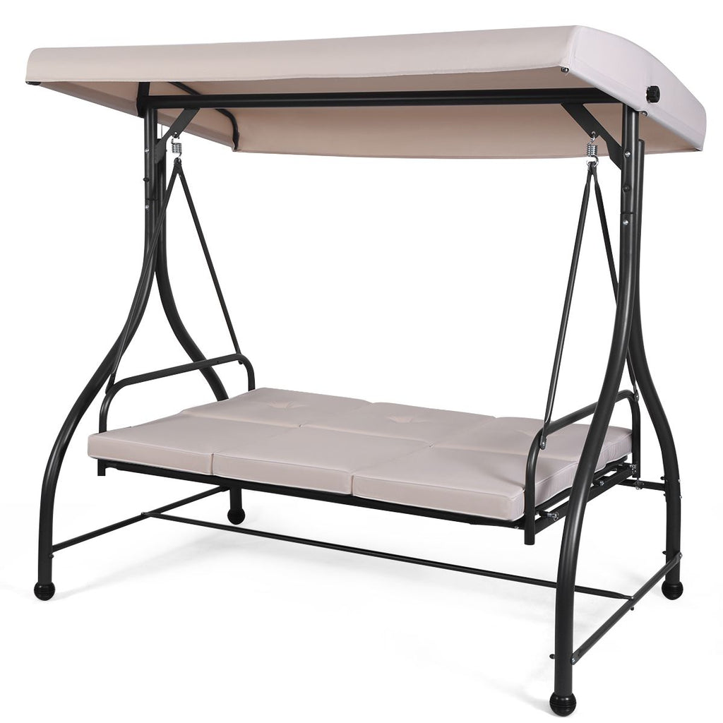 Balancelle d'Extérieur Convertible Jardin Porche Avec Sièges à Coussins Auvent Réglable et Cadre en Métal Enduit Hamac 3 Places Beige -