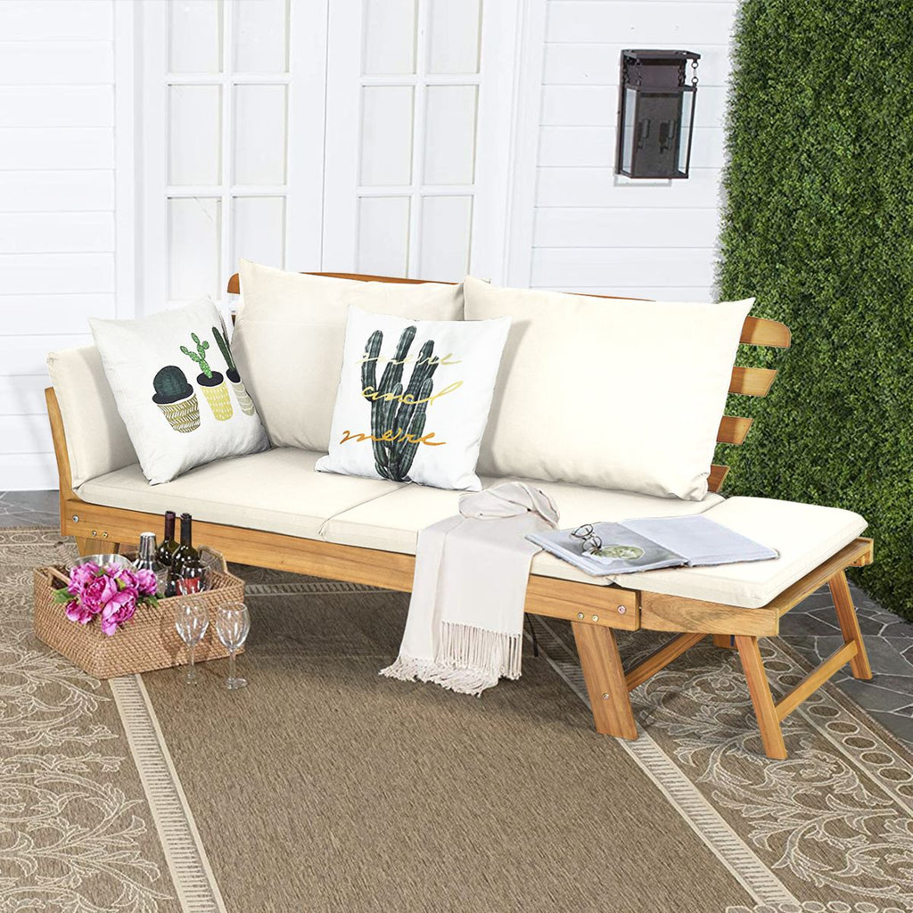 Chaise Longue Convertible avec Coussin Canapé de Jardin 2 en 1 en Bois d’Acacia avec Accoudoir Réglable pour Patio Piscine Jardin Blanc/Gris/Bleu/Rouge -