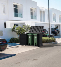 Load image into Gallery viewer, Duramax StoreAway 1200L Plastic Garden Shed/ Flat Lid,Outdoor Storage Shed,Wheelie Bin Hideaways,Wheelie bin box,Durable Construction,Ideal for Bikes,BBQs &amp; 2x 240L Bins,145x85x125 cm,Brown
