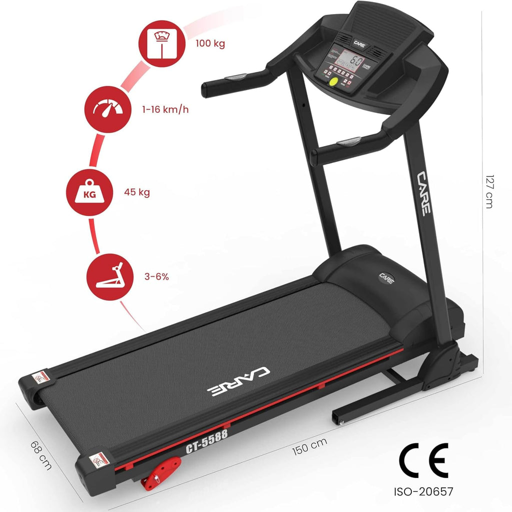 Care Fitness - Tapis de Course Connecté CT-5588-2 - Tapis de Marche Électrique Inclinable et Pliable - Jusqu'à 16km/h - 3 Niveaux d'Inclinaison - 12 Programmes - Kinomap