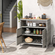Load image into Gallery viewer, Armoire de Rangement Exterieur en Rotin Armoire de Jardin avec Plateau en Bois d'Acacia Compartiment Ouvert Buffet  2 Portes -