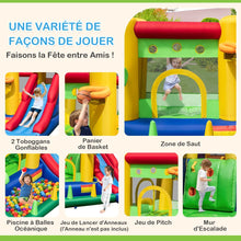 Load image into Gallery viewer, Château Gonflable à Thème Arc-en-ciel 7 en 1 avec Ventilateur Double Toboggans Piscine à Balles Panier de Basket Charge 90kg -