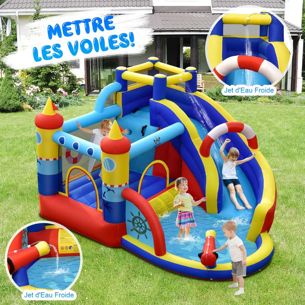Ch芒teau Gonflable Style Bateau avec Toboggan Incurv Zone de Saut Mur d'Escalade avec Gonfleur 450 W -