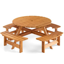 Load image into Gallery viewer, Ensemble Table de Pique-Nique en Bois pour 2 à 8 Personnes Set Table et Banc Circulaire avec 4 Bancs Intégrés Trou de Parasol de 5cm Marron/Jaune -