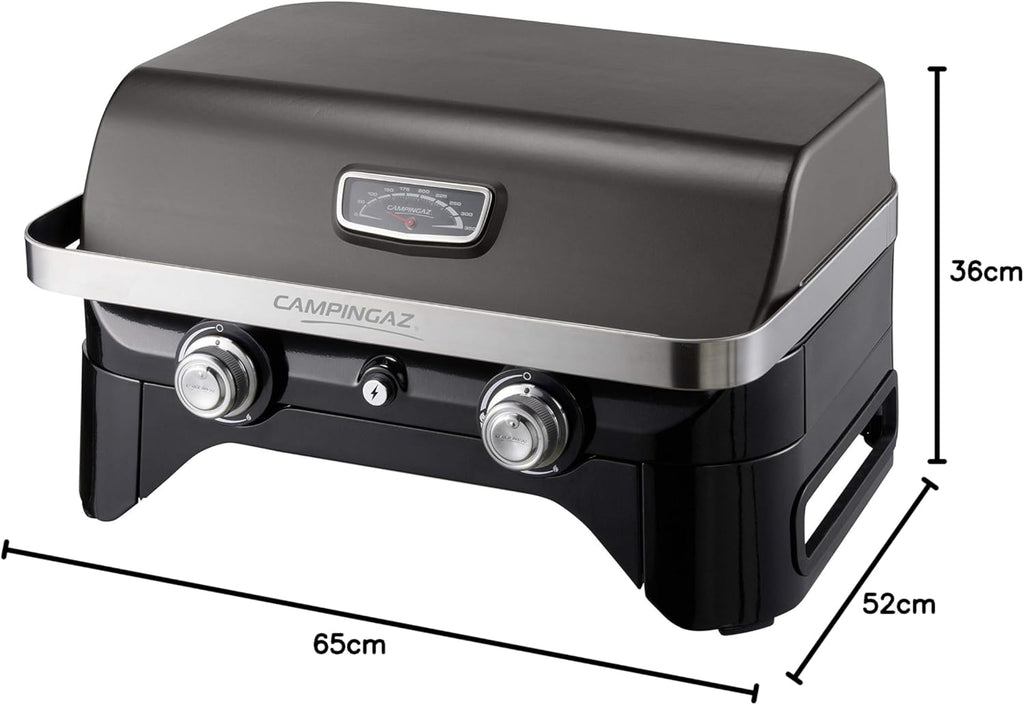 Attitude2go,Barbecue de Table à Faible fumée,BBQ Portable,à Couvercle,thermomètre,et Grille en Fonte,Alimentation : Cartouche de gaz CV 470 Plus,Gris
