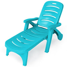 Load image into Gallery viewer, Chaise Longue Pliable Dossier Inclinable à 5 Positions avec Roues Intégrées pour Terrasse Jardin Piscine 150 kg Gris/Blanc/Bleu -