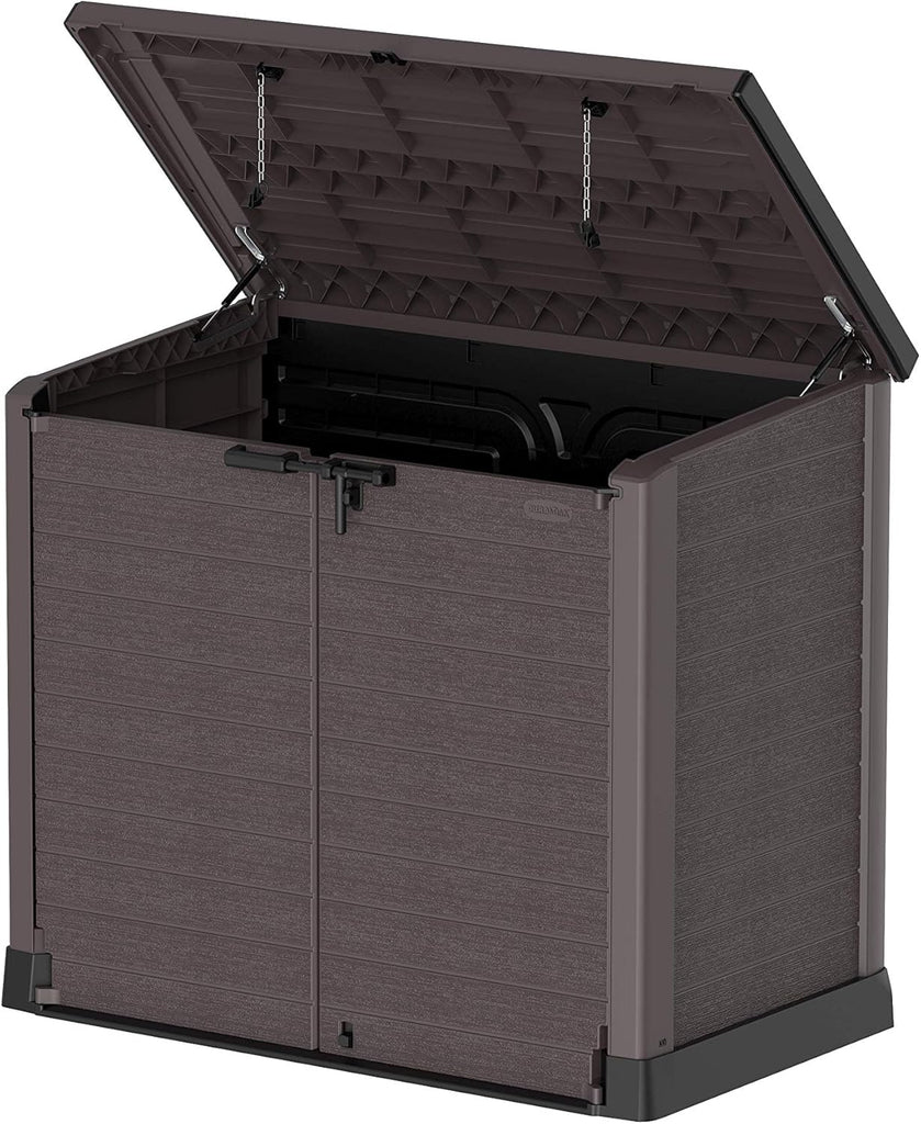 Duramax StoreAway 1200L Plastic Garden Shed/ Flat Lid,Outdoor Storage Shed,Wheelie Bin Hideaways,Wheelie bin box,Durable Construction,Ideal for Bikes,BBQs & 2x 240L Bins,145x85x125 cm,Brown