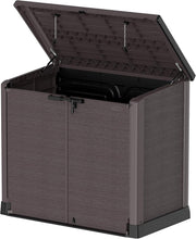 Load image into Gallery viewer, Duramax StoreAway 1200L Plastic Garden Shed/ Flat Lid,Outdoor Storage Shed,Wheelie Bin Hideaways,Wheelie bin box,Durable Construction,Ideal for Bikes,BBQs &amp; 2x 240L Bins,145x85x125 cm,Brown